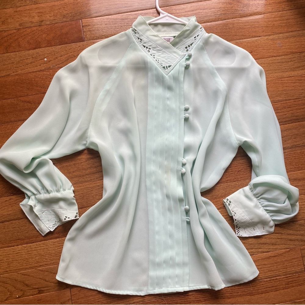 Vintage Light Blue Long Sleeve Satin Blouse - Size 12